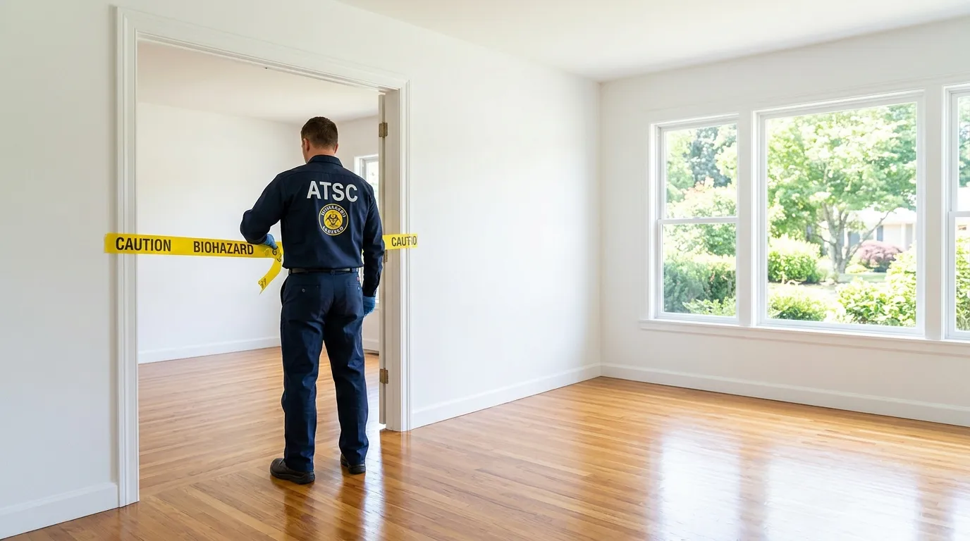 Certified biohazard cleanup crew performing Decomposition Cleanup in Erie